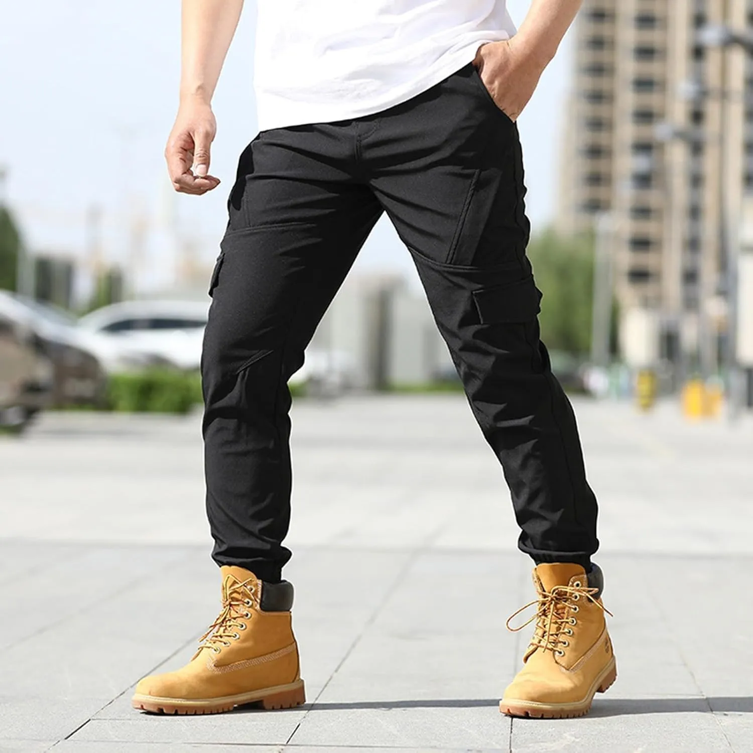ADHOWBEW Tactical Pants Men Work Big and Tall Hiking Pockets Elastic Waist Relaxed Fit Joggers