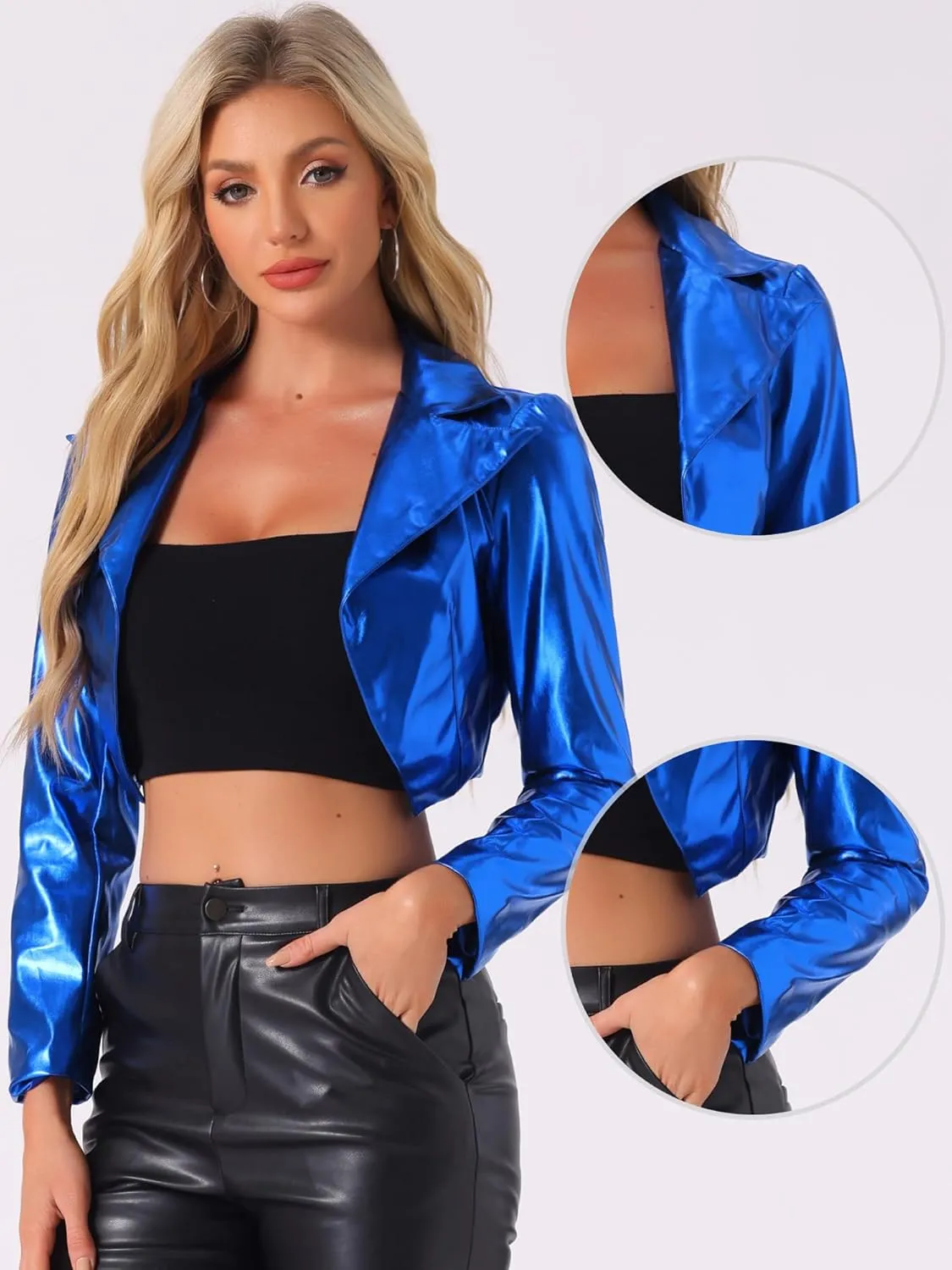 Allegra K Holographic Jackets for Women's Halloween Long Sleeve Lapel Crop Shiny Party Metallic Jacket