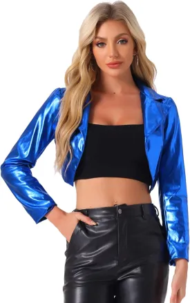 Allegra K Holographic Jackets for Women's Halloween Long Sleeve Lapel Crop Shiny Party Metallic Jacket
