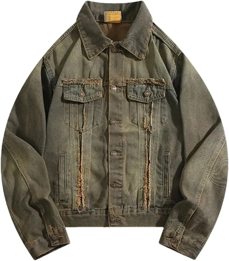 Bciopll Men Women Washed Distressed Denim Jacket Loose Casual Street Punk Cowboy Coat