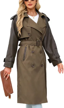 Bellivera Women Trench Coat Long Loose Jacket Faux PU Leather Oversize Classic Lapel Overcoat with Belt