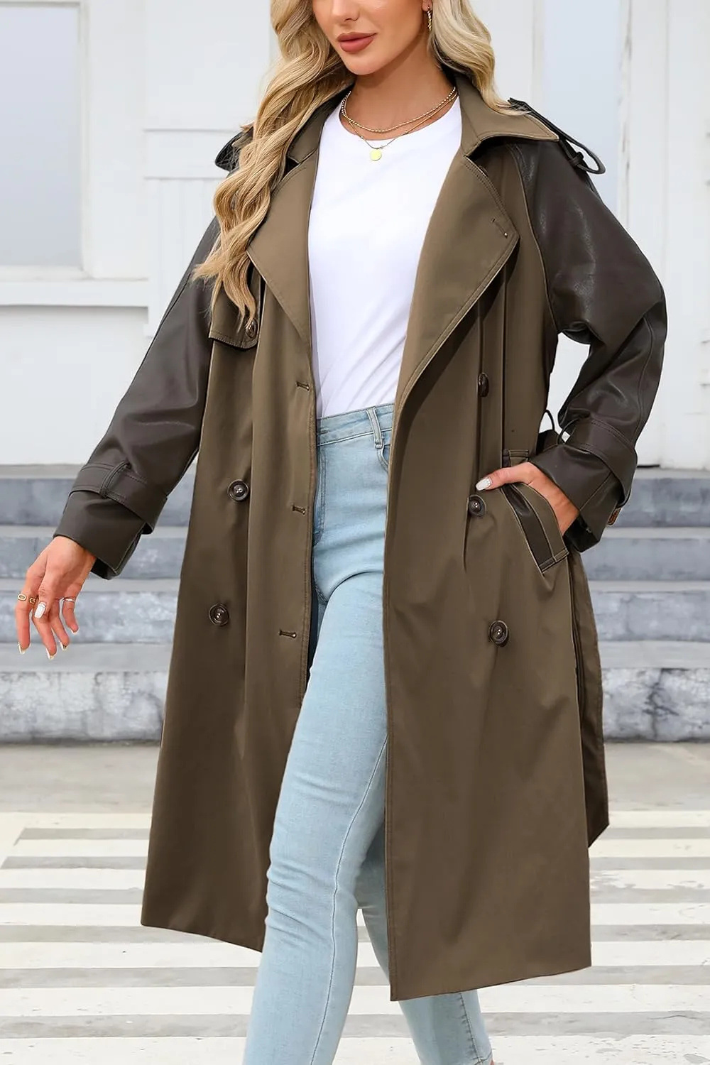 Bellivera Women Trench Coat Long Loose Jacket Faux PU Leather Oversize Classic Lapel Overcoat with Belt