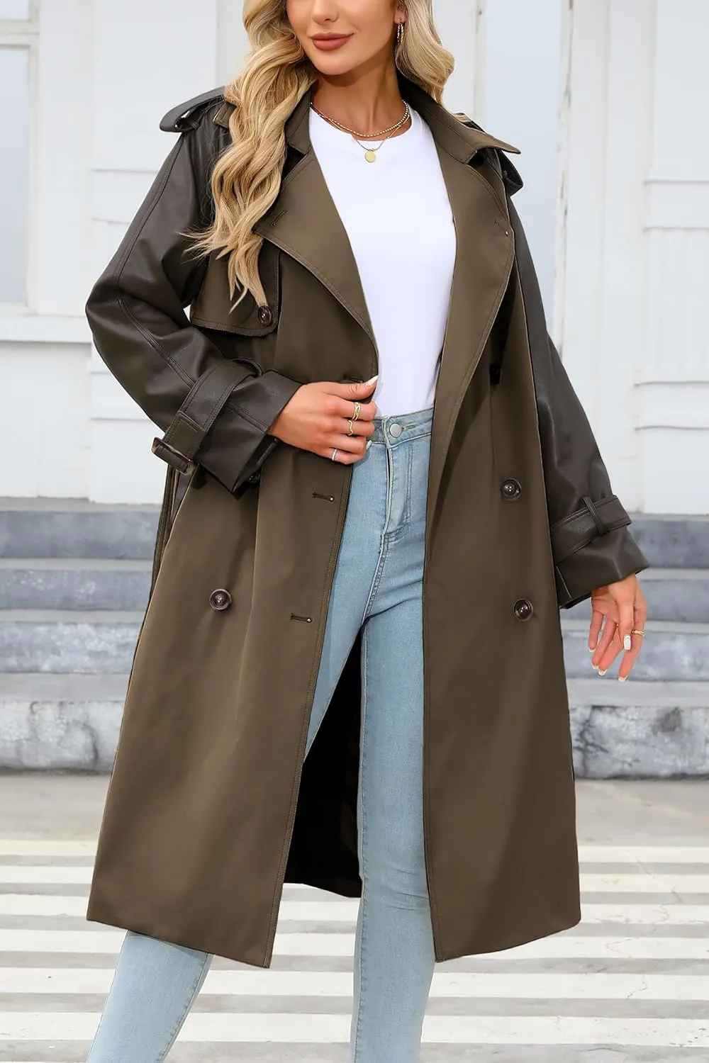 Bellivera Women Trench Coat Long Loose Jacket Faux PU Leather Oversize Classic Lapel Overcoat with Belt