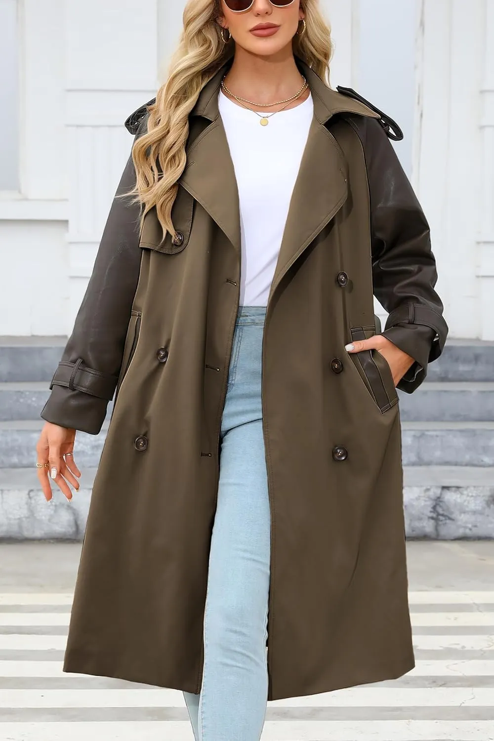 Bellivera Women Trench Coat Long Loose Jacket Faux PU Leather Oversize Classic Lapel Overcoat with Belt
