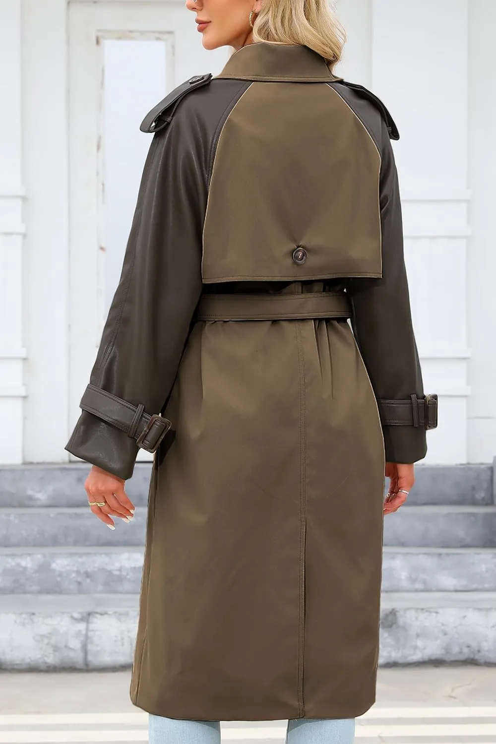 Bellivera Women Trench Coat Long Loose Jacket Faux PU Leather Oversize Classic Lapel Overcoat with Belt