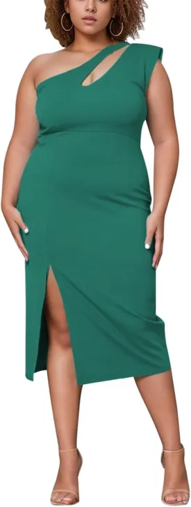 BFFBABY Womens Plus Size One Shoulder Midi Dress Summer Casual Slim Slit Sleeveless Elegant Dress