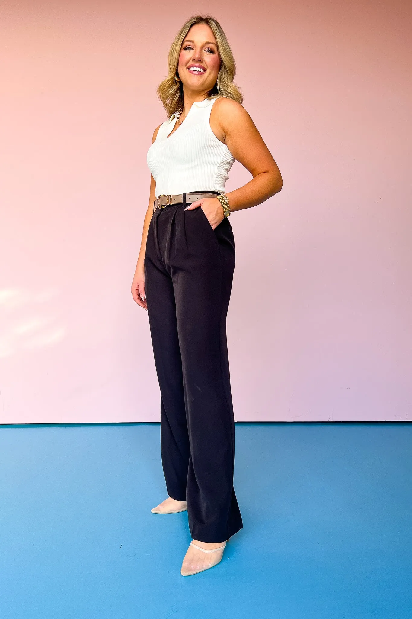 Black High Waist Front Pleat Wide Leg Pants