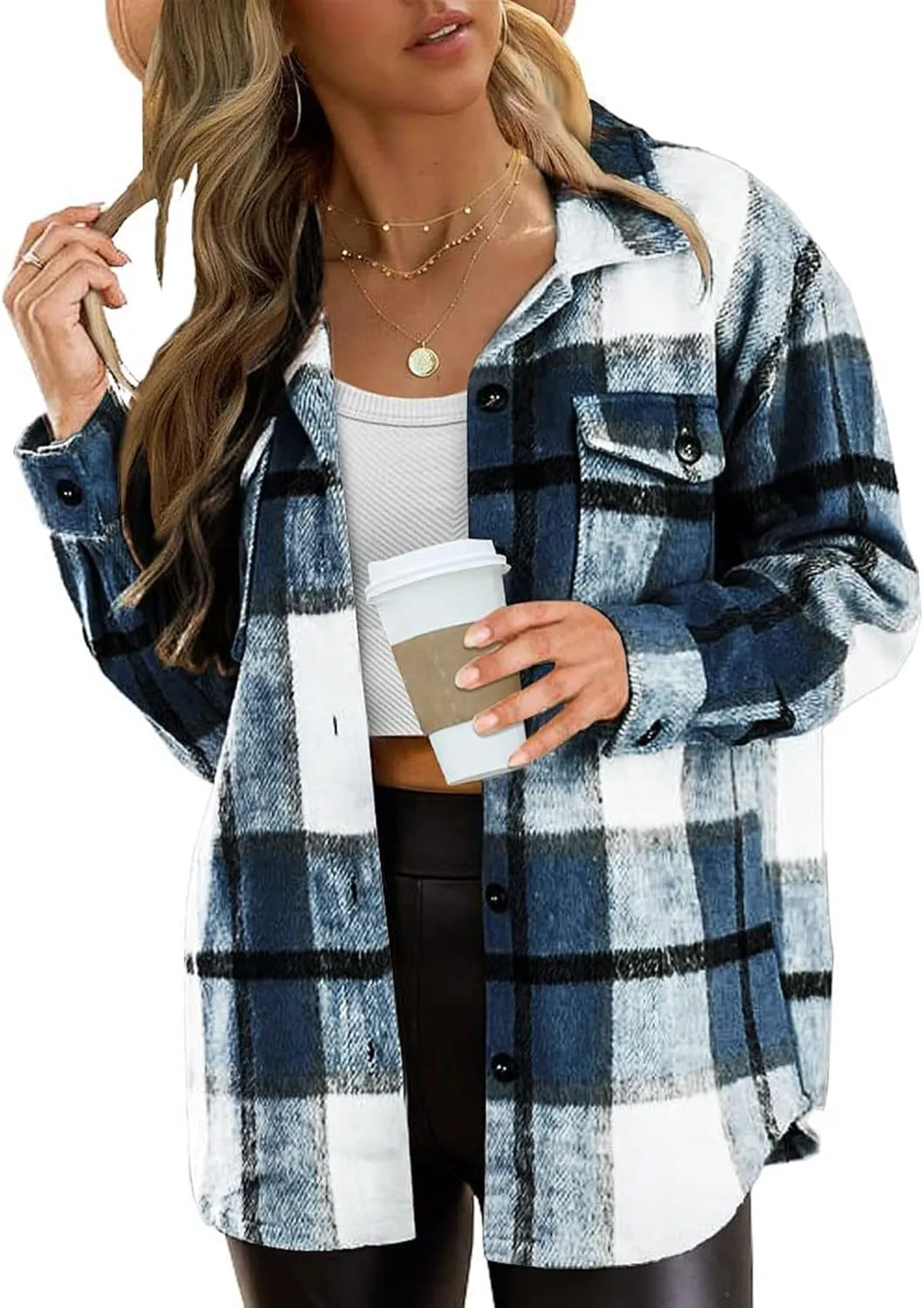Blansdi Womens Flannel Shacket Plaid Long Sleeve Button Down Flannel Shirts Jacket Fall Winter Spring Outfits