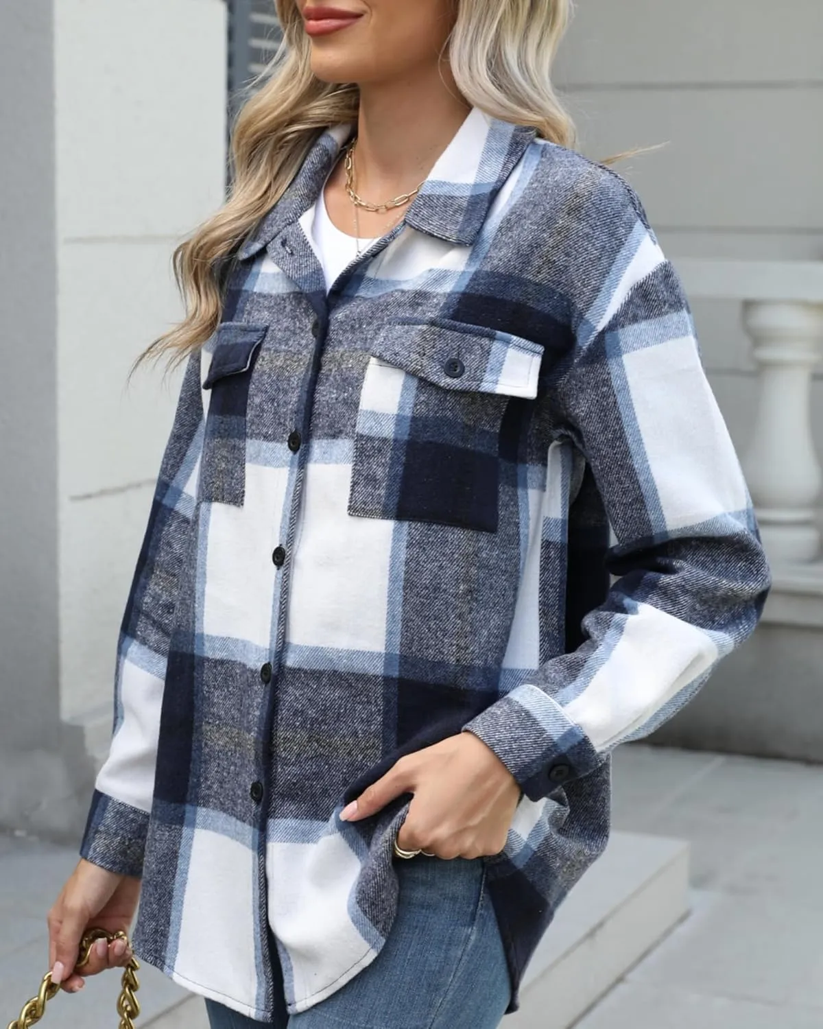 Blansdi Womens Flannel Shacket Plaid Long Sleeve Button Down Flannel Shirts Jacket Fall Winter Spring Outfits
