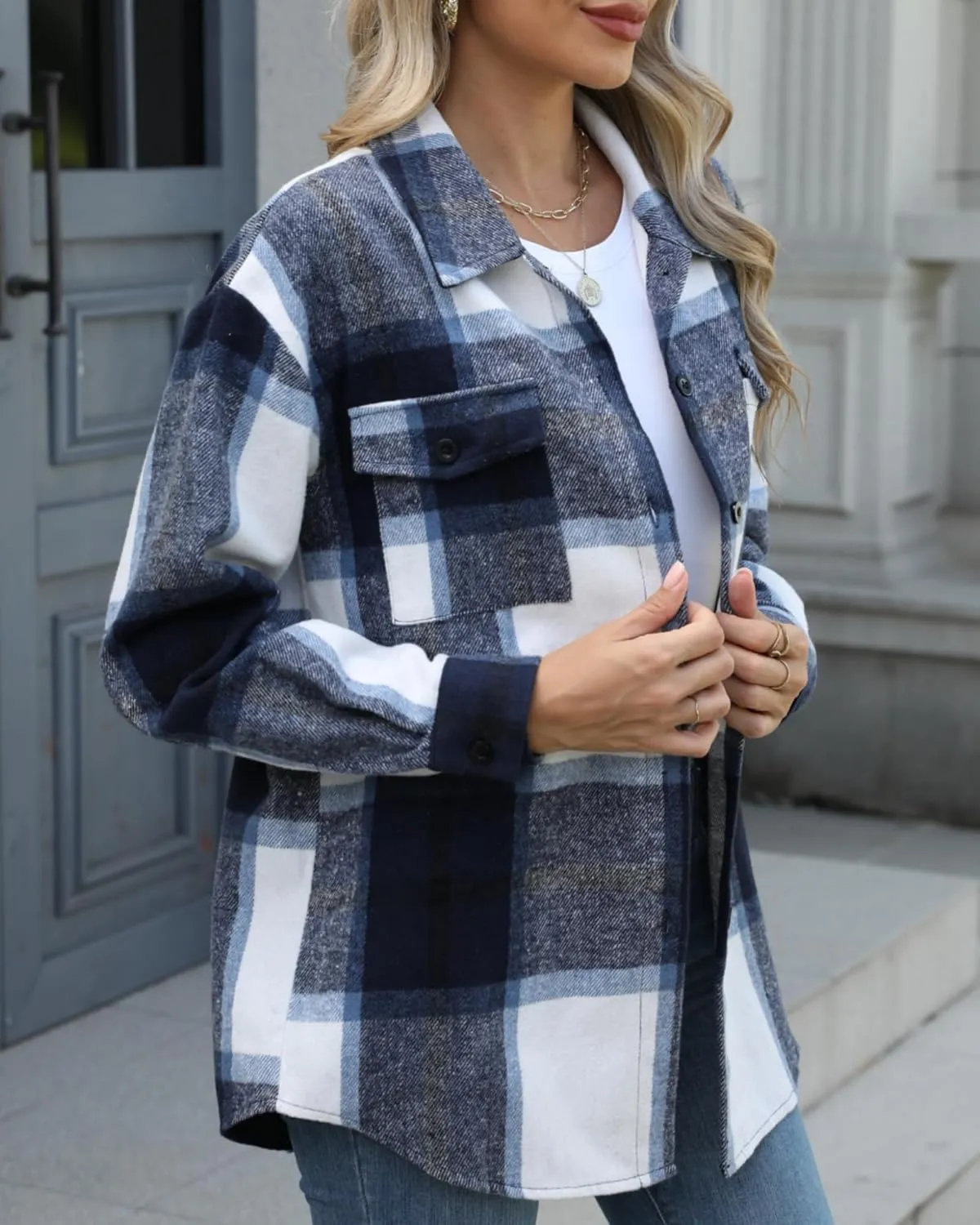 Blansdi Womens Flannel Shacket Plaid Long Sleeve Button Down Flannel Shirts Jacket Fall Winter Spring Outfits