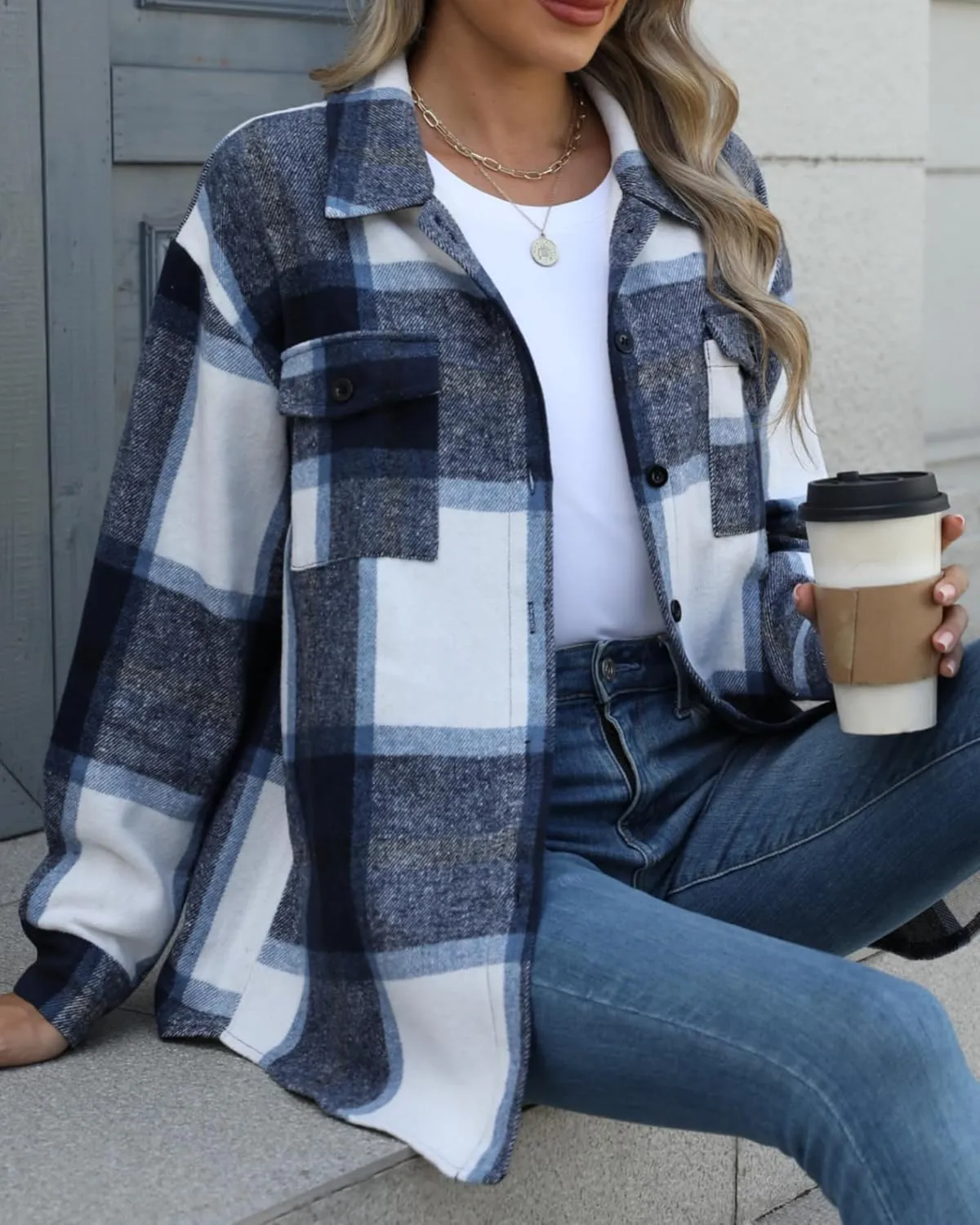 Blansdi Womens Flannel Shacket Plaid Long Sleeve Button Down Flannel Shirts Jacket Fall Winter Spring Outfits