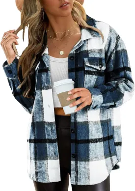 Blansdi Womens Flannel Shacket Plaid Long Sleeve Button Down Flannel Shirts Jacket Fall Winter Spring Outfits