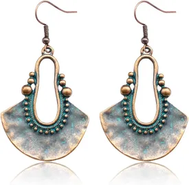Boho Chic Handmade Hollow Shield Shape with Hammered Drop Earrings Vintage Statement Dangle Earring For Women (Bronze)