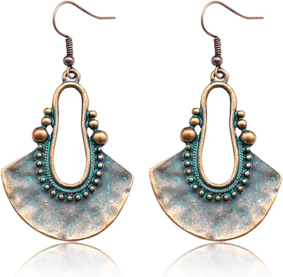 Boho Chic Handmade Hollow Shield Shape with Hammered Drop Earrings Vintage Statement Dangle Earring For Women (Bronze)