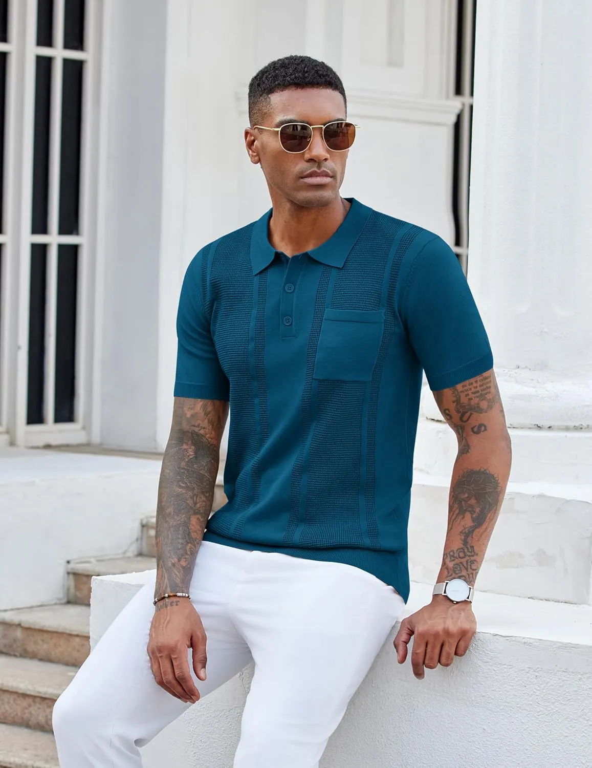 COOFANDY Knit Polo Shirts for Men Short Sleeve Textured Polo Shirt Slim Fit Summer Collared T Shirt with Pocket