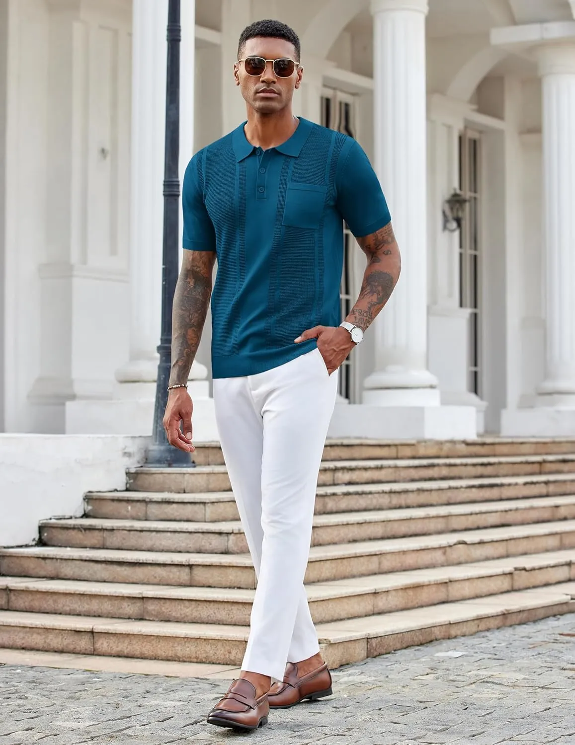 COOFANDY Knit Polo Shirts for Men Short Sleeve Textured Polo Shirt Slim Fit Summer Collared T Shirt with Pocket