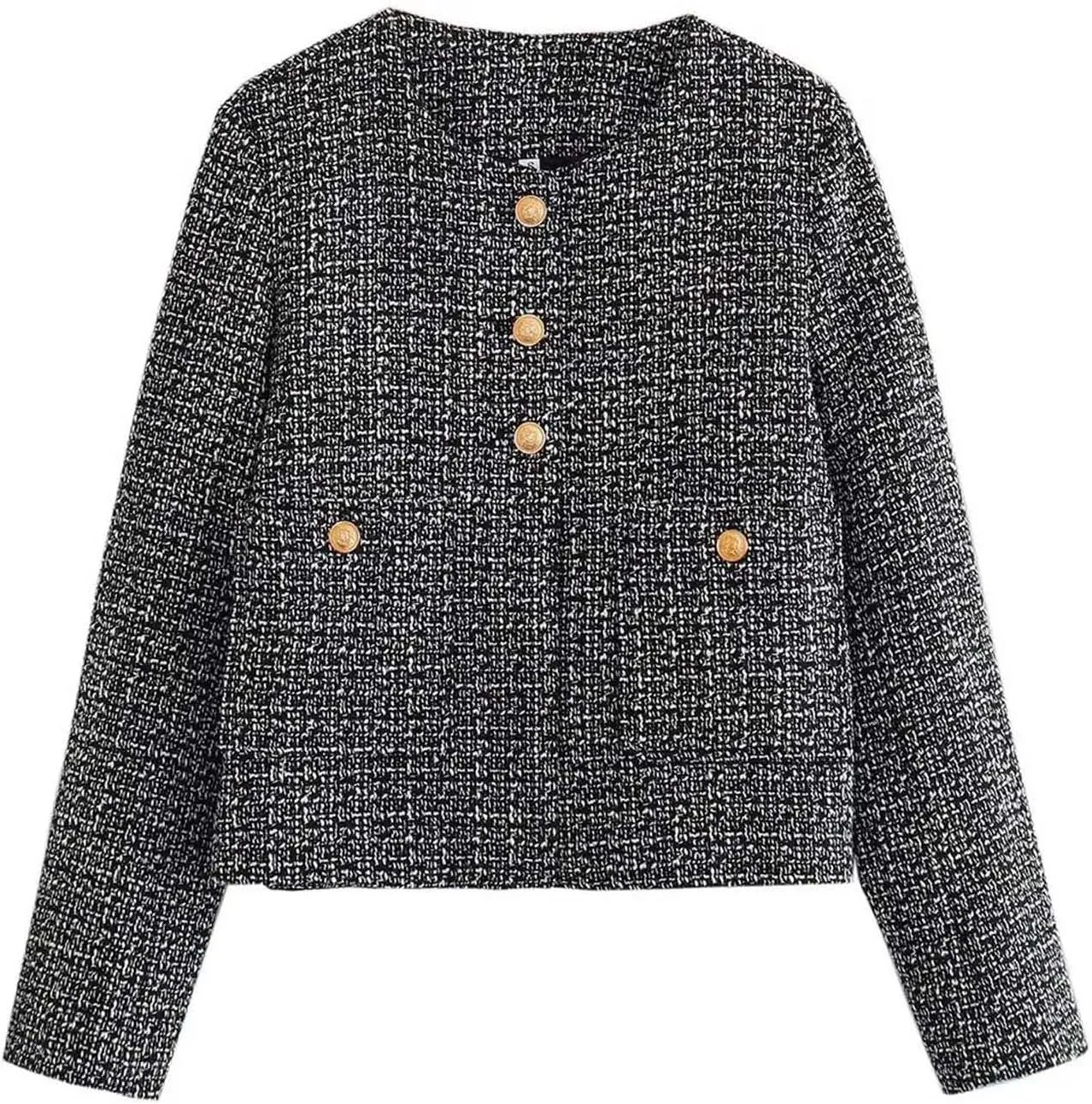 Crop Tweed Blazer Jacket for Women Collarless Open Front Button Business Work Casual Cropped Jacket Coat with Pockets