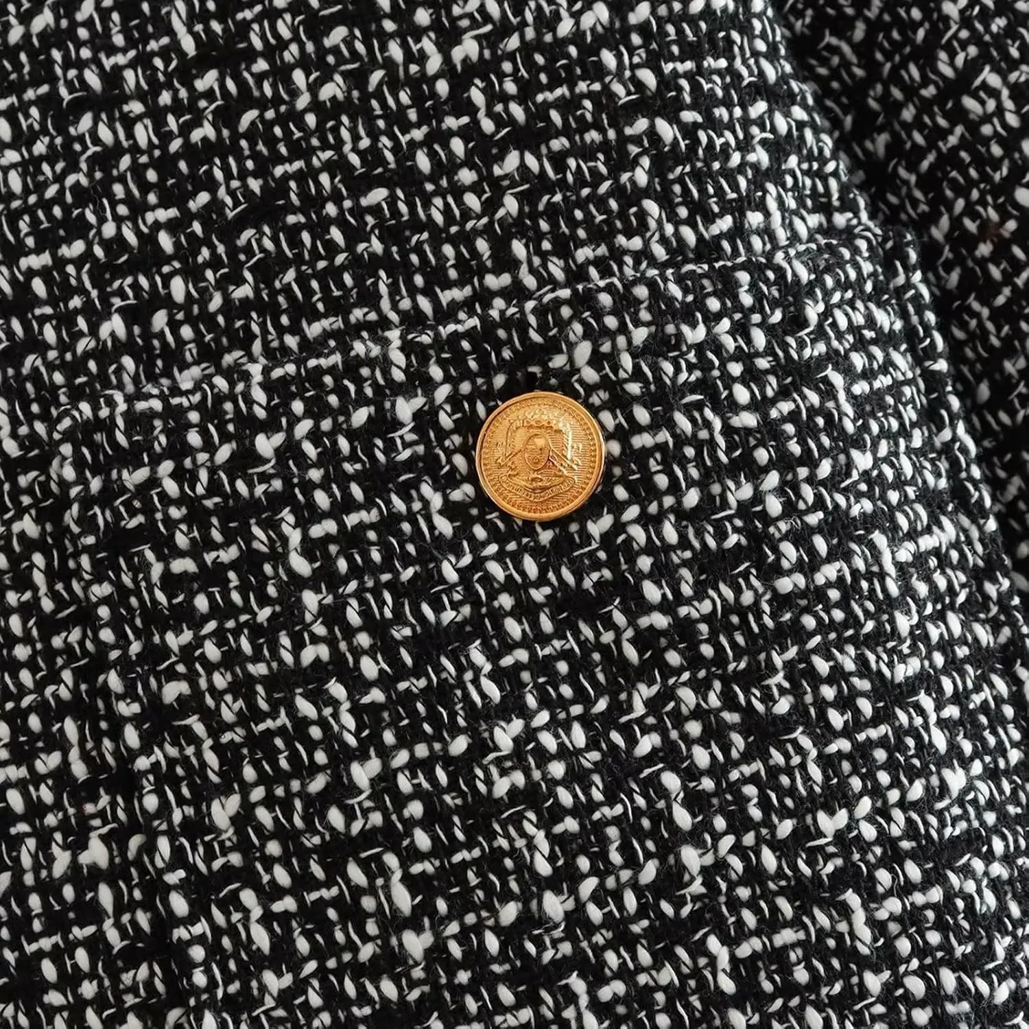 Crop Tweed Blazer Jacket for Women Collarless Open Front Button Business Work Casual Cropped Jacket Coat with Pockets