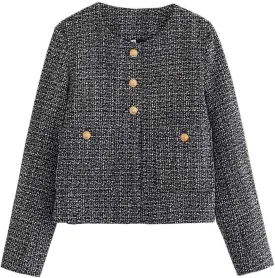 Crop Tweed Blazer Jacket for Women Collarless Open Front Button Business Work Casual Cropped Jacket Coat with Pockets