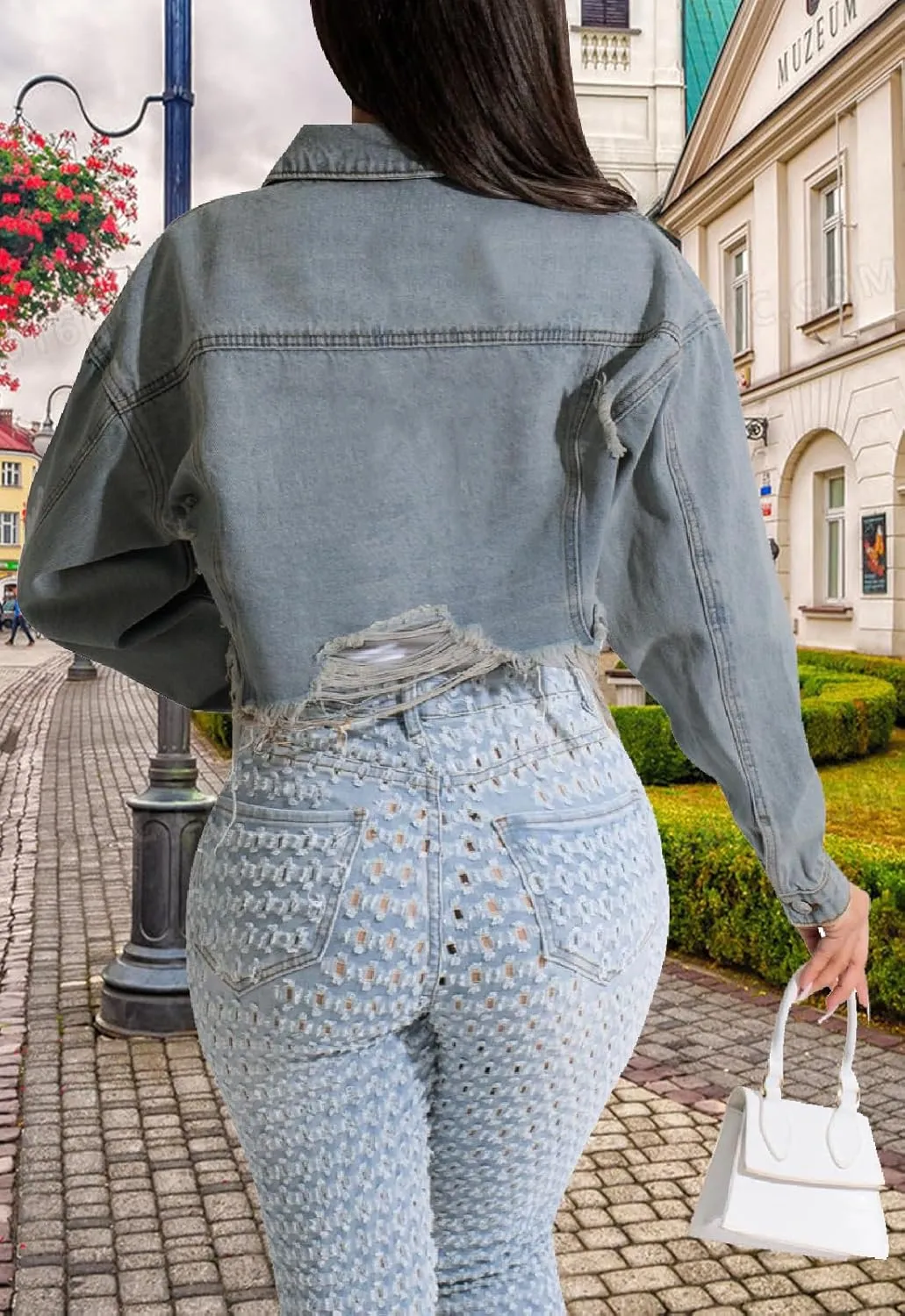 CutieLove Women's Cropped Denim Jackets Long Sleeve Destroyed Crop Top Casual Jean Coat