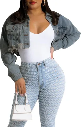 CutieLove Women's Cropped Denim Jackets Long Sleeve Destroyed Crop Top Casual Jean Coat