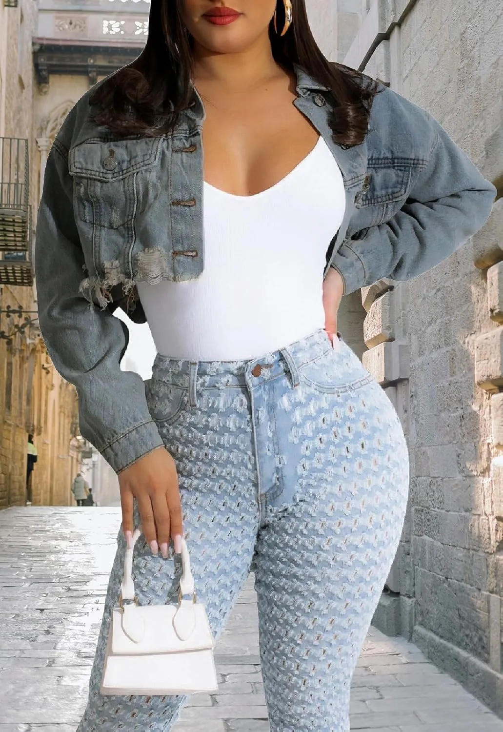 CutieLove Women's Cropped Denim Jackets Long Sleeve Destroyed Crop Top Casual Jean Coat