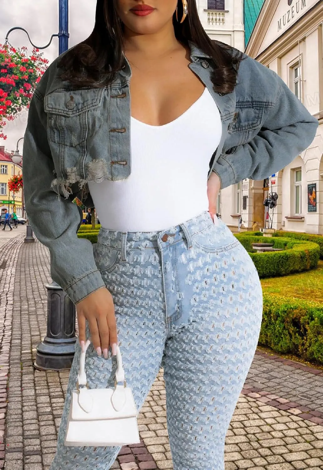 CutieLove Women's Cropped Denim Jackets Long Sleeve Destroyed Crop Top Casual Jean Coat