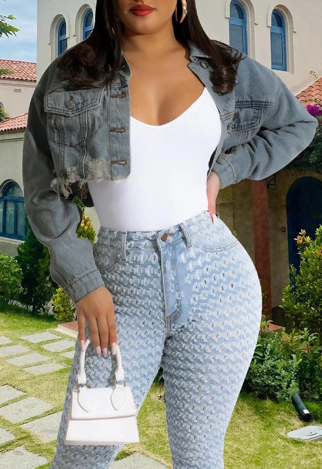 CutieLove Women's Cropped Denim Jackets Long Sleeve Destroyed Crop Top Casual Jean Coat
