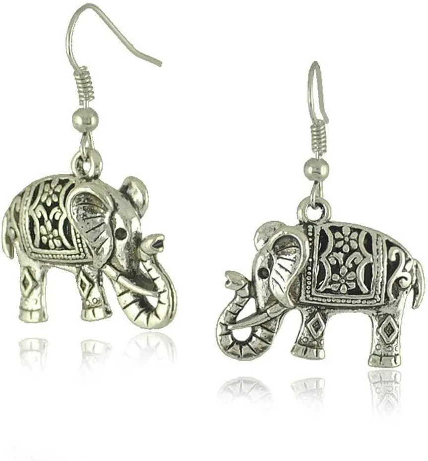 D.Rosse Handmade Boho Retro Lucky Elephants Drop Dangle Earrings Ancient Silver Animals Statement Earrings Jewelry for Women
