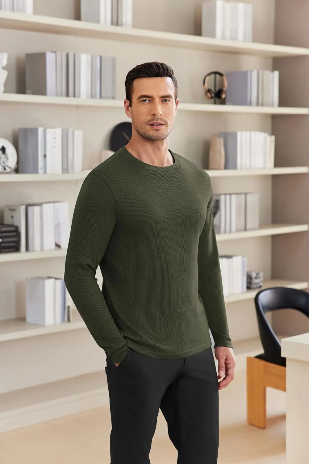 Ekouaer Men's Long Sleeve Shirts Honeycomb Waffle Pullover Sweater Crewneck Thermal Tops Lightweight Undershirts