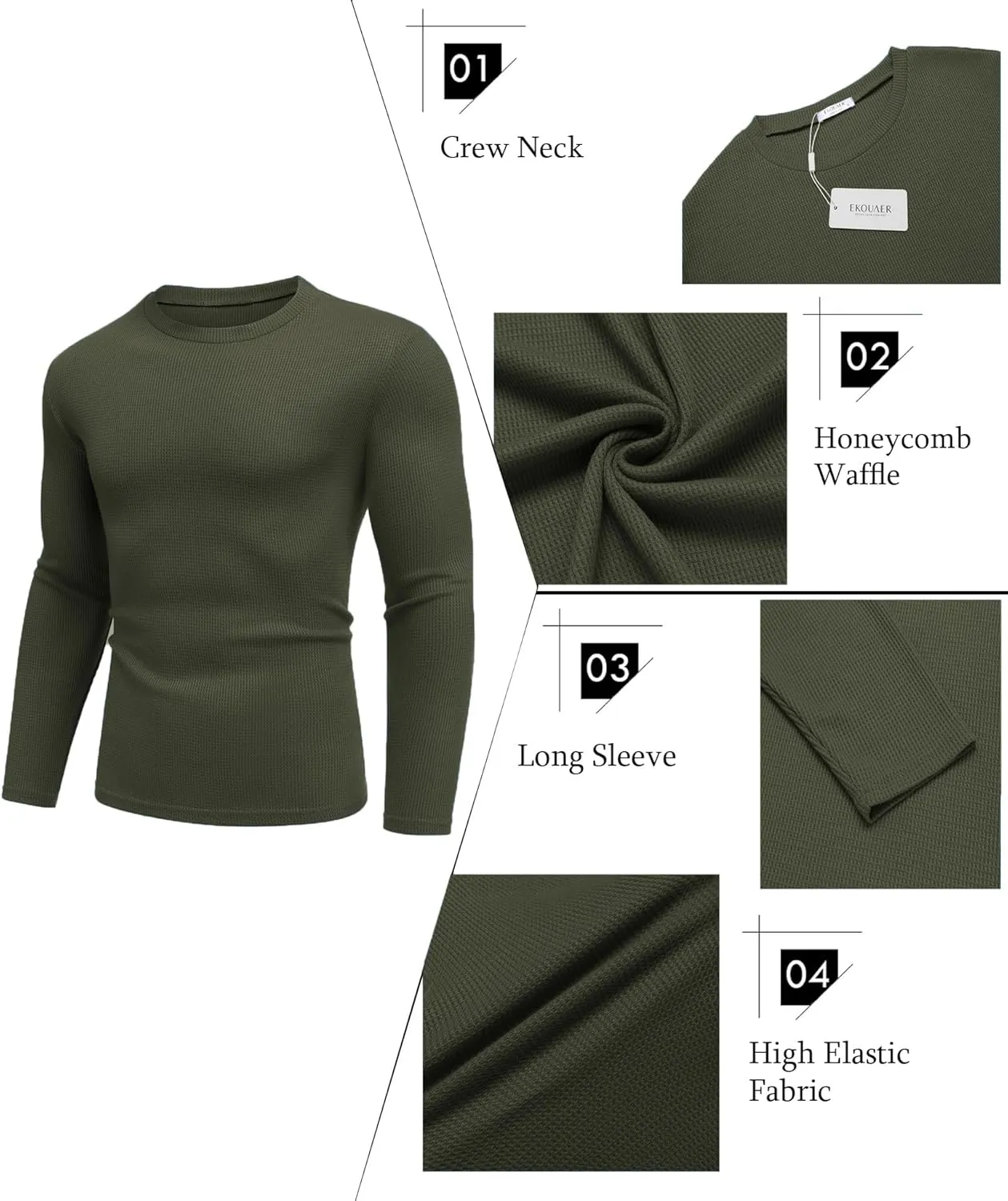 Ekouaer Men's Long Sleeve Shirts Honeycomb Waffle Pullover Sweater Crewneck Thermal Tops Lightweight Undershirts