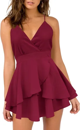 firfig Womens Deep V-Neck Cami Dress Crisscross Open Back Tie Waist Mini Dresses