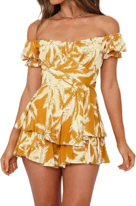 Fixmatti Women Boho Romper Off Shoulder Ruffle Chiffon Shorts Jumpsuit Playsuits
