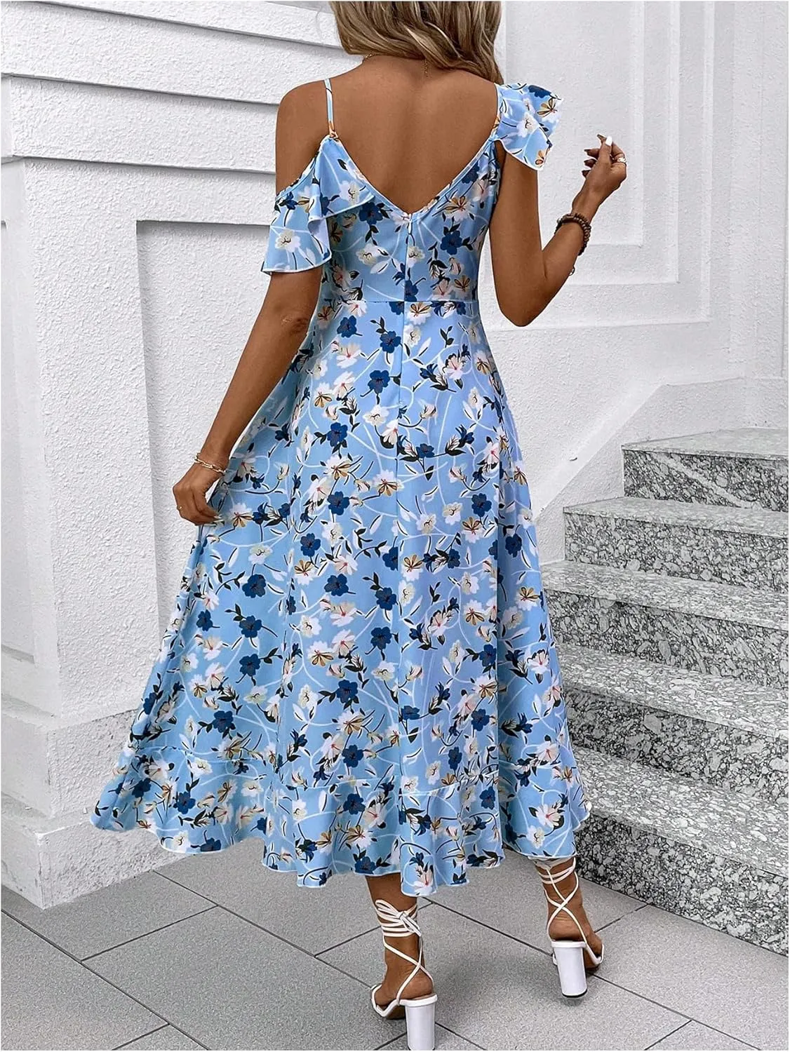 Floerns Women's Floral Ruffle Sleeve Midi Dress Asymmetrical Hem Boho A Line Dresses