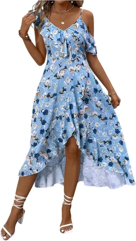 Floerns Women's Floral Ruffle Sleeve Midi Dress Asymmetrical Hem Boho A Line Dresses