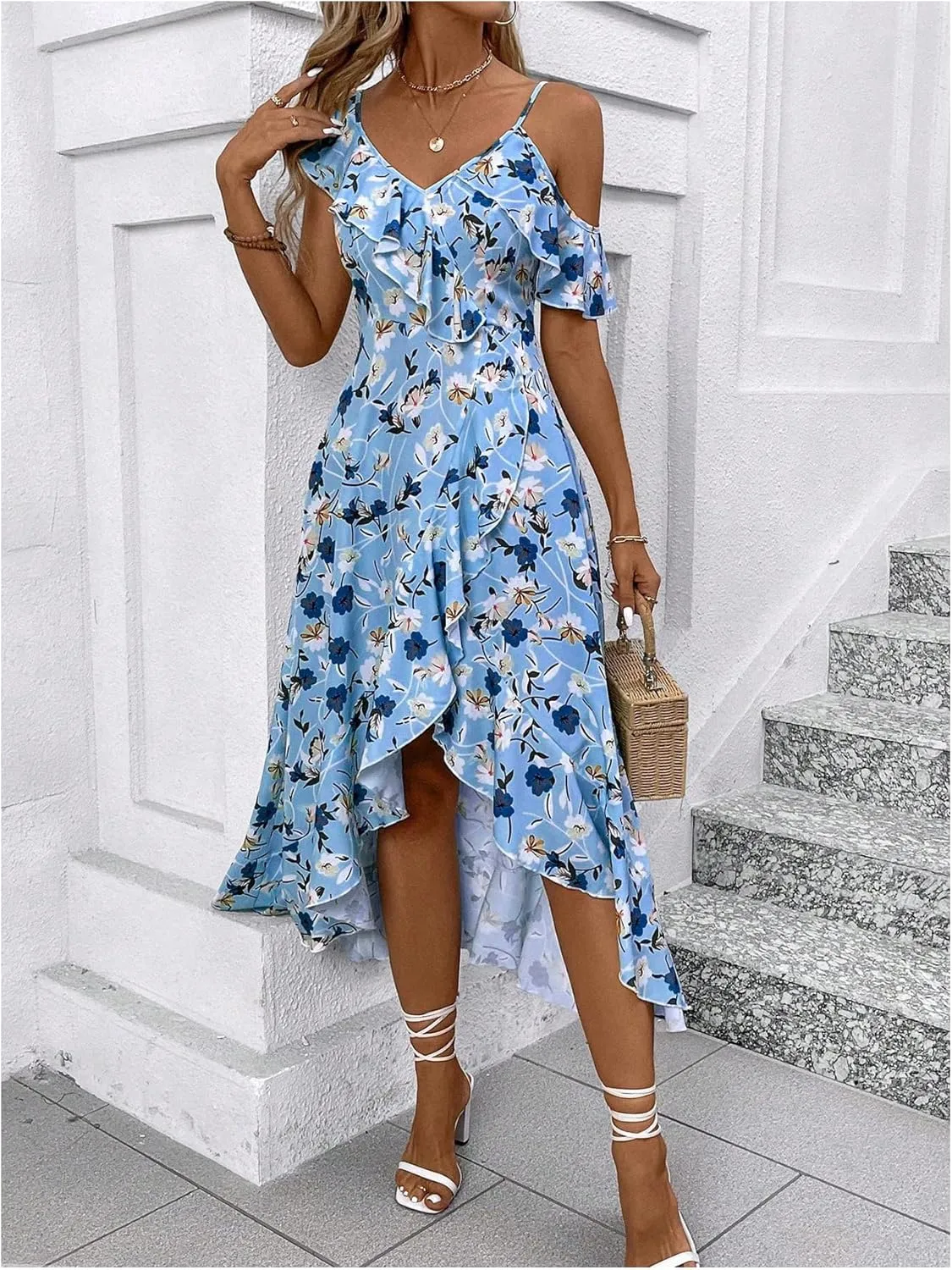 Floerns Women's Floral Ruffle Sleeve Midi Dress Asymmetrical Hem Boho A Line Dresses