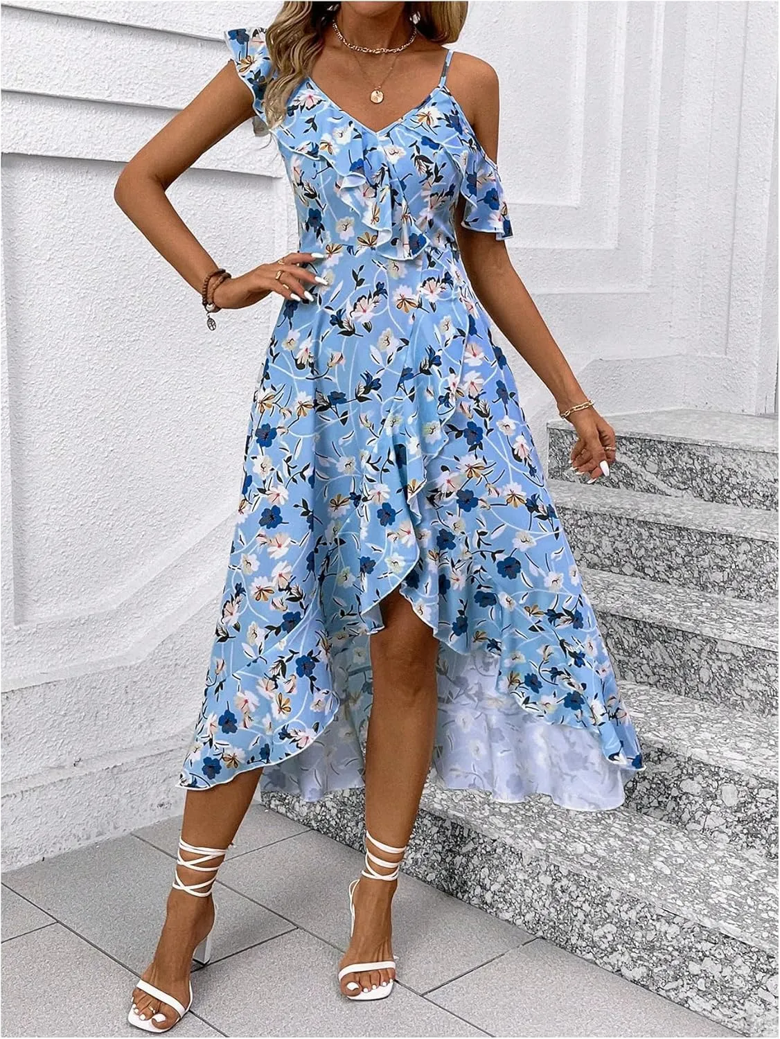 Floerns Women's Floral Ruffle Sleeve Midi Dress Asymmetrical Hem Boho A Line Dresses