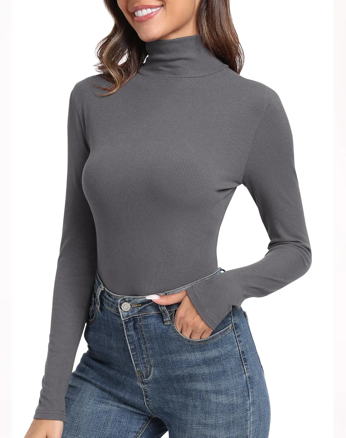 GEMBERA Womens Long Sleeve Turtle Neck Basic Slim Fitted Ribbed Knit Tops Thermal Shirts