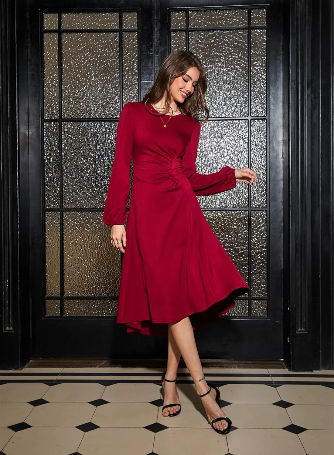 Happy Sailed Women's Long Sleeve Ruched Waist Flowy A Line High Low Midi Cocktail Party Dress