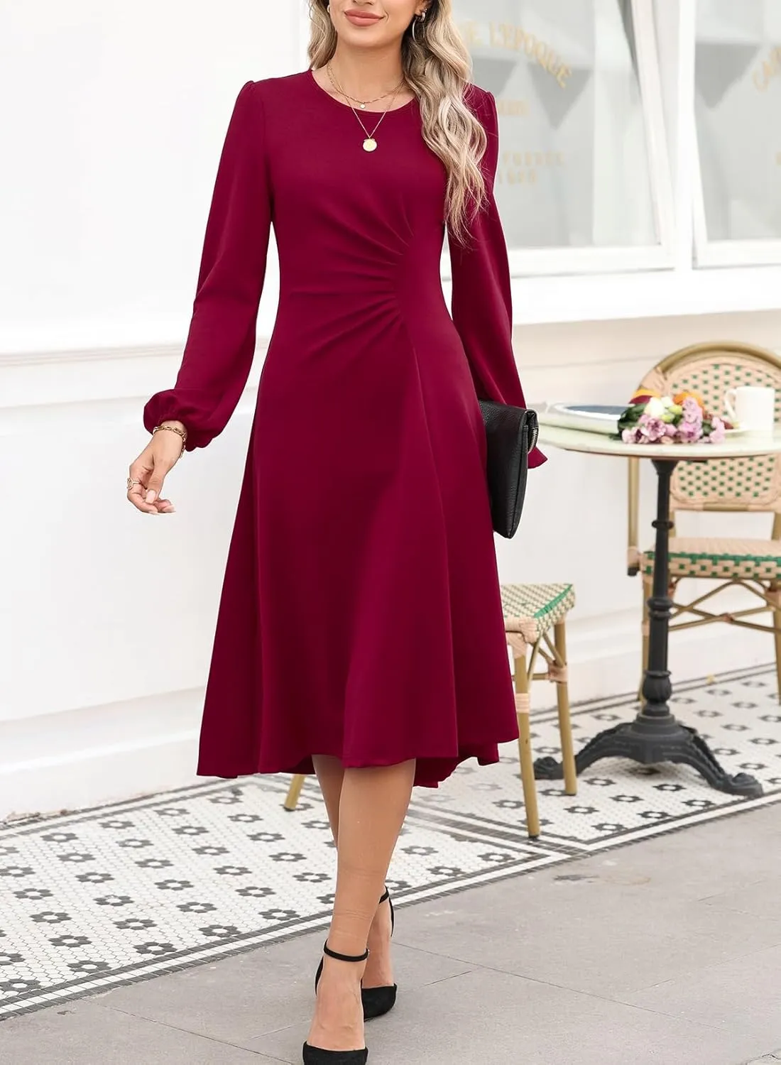 Happy Sailed Women's Long Sleeve Ruched Waist Flowy A Line High Low Midi Cocktail Party Dress