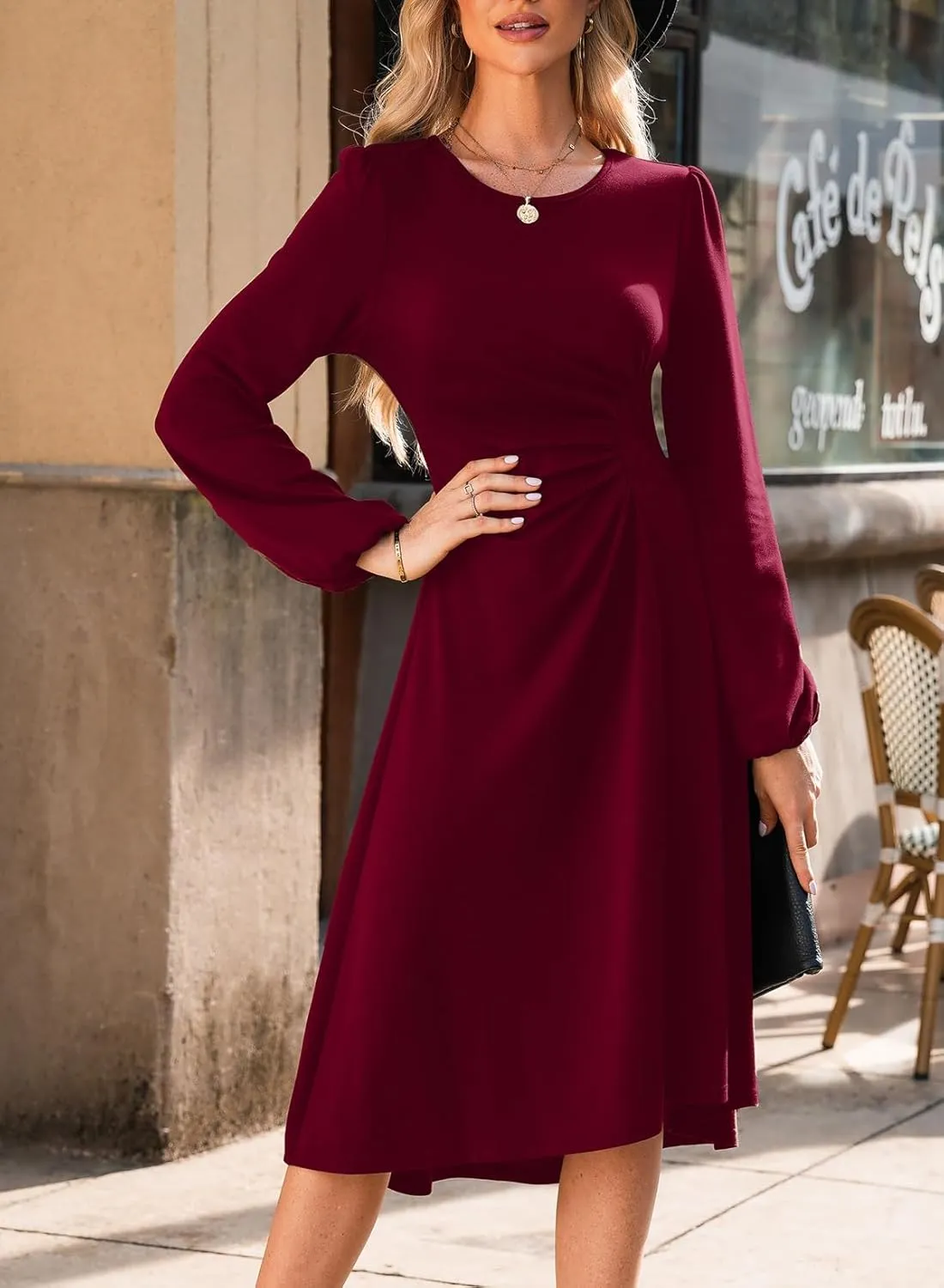 Happy Sailed Women's Long Sleeve Ruched Waist Flowy A Line High Low Midi Cocktail Party Dress