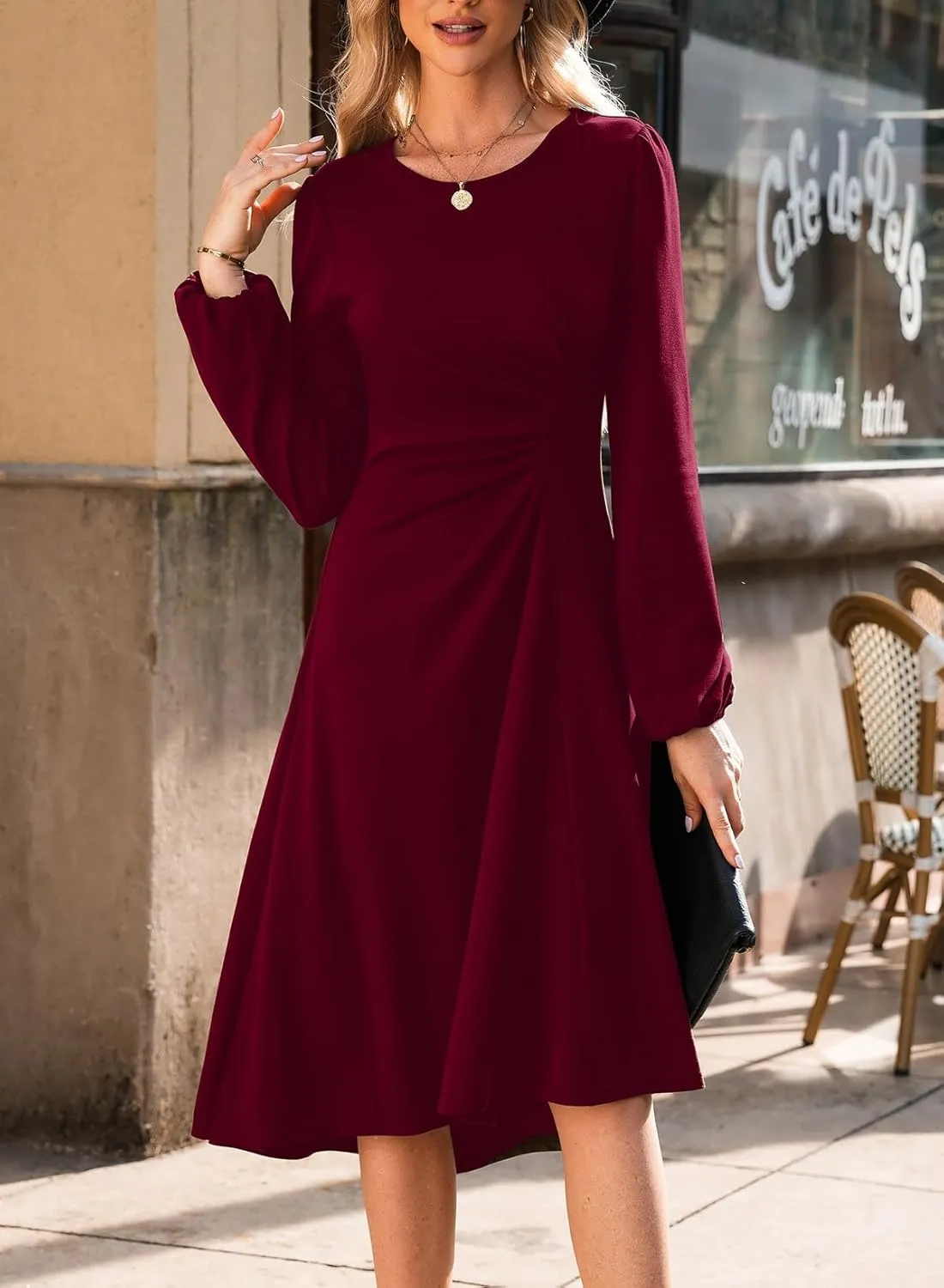 Happy Sailed Women's Long Sleeve Ruched Waist Flowy A Line High Low Midi Cocktail Party Dress