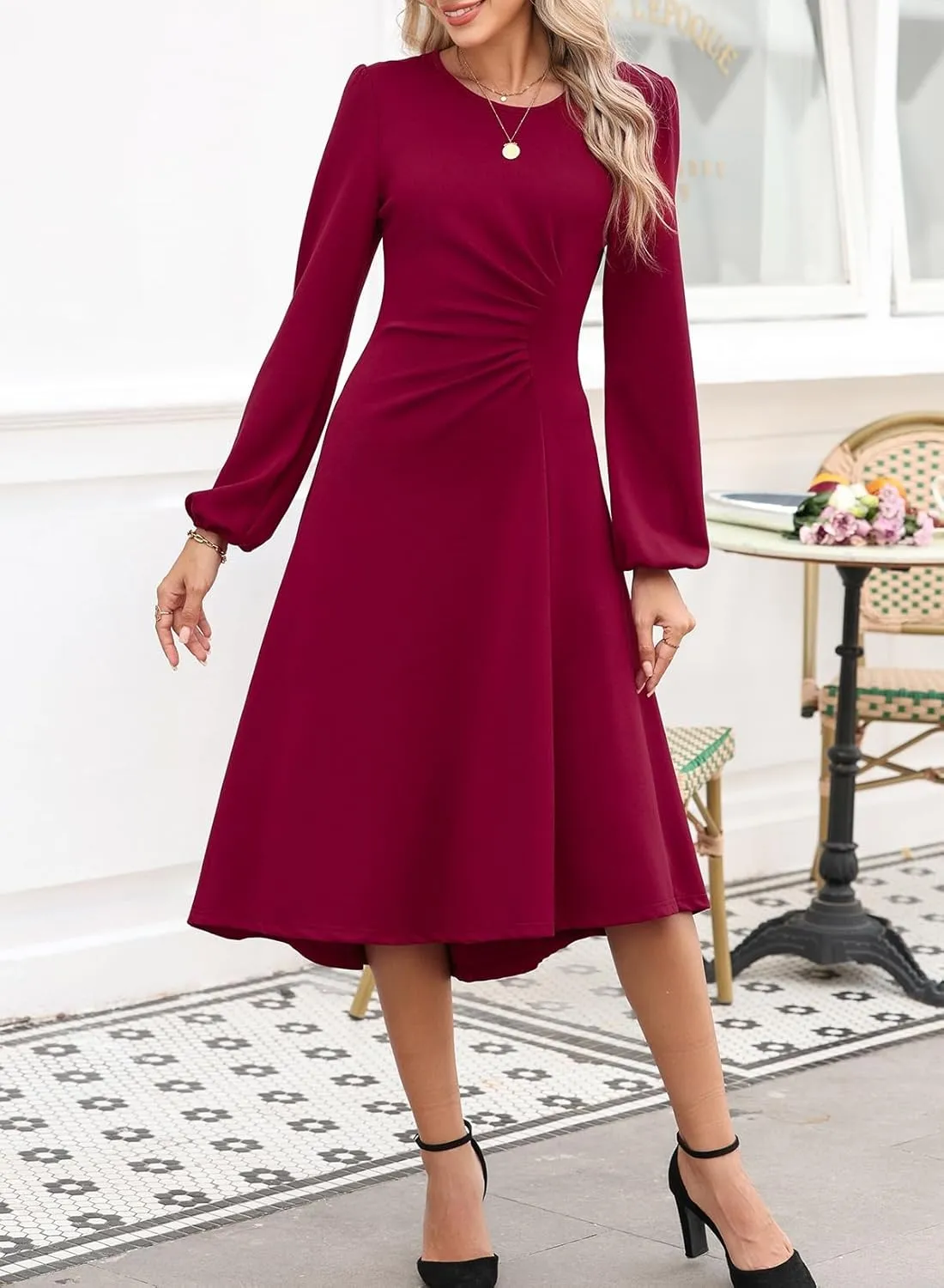 Happy Sailed Women's Long Sleeve Ruched Waist Flowy A Line High Low Midi Cocktail Party Dress