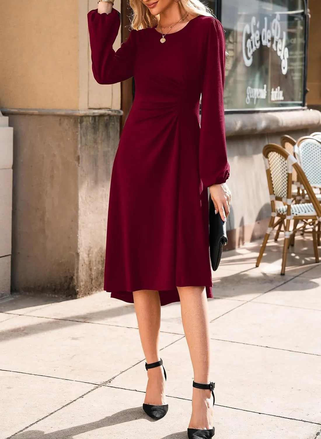 Happy Sailed Women's Long Sleeve Ruched Waist Flowy A Line High Low Midi Cocktail Party Dress