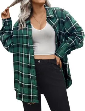 IN'VOLAND Womens Plus Size Flannel Plaid Shirt Roll Up Long Sleeve Mid-Long Button Down Shirts Casual Boyfriend Tops