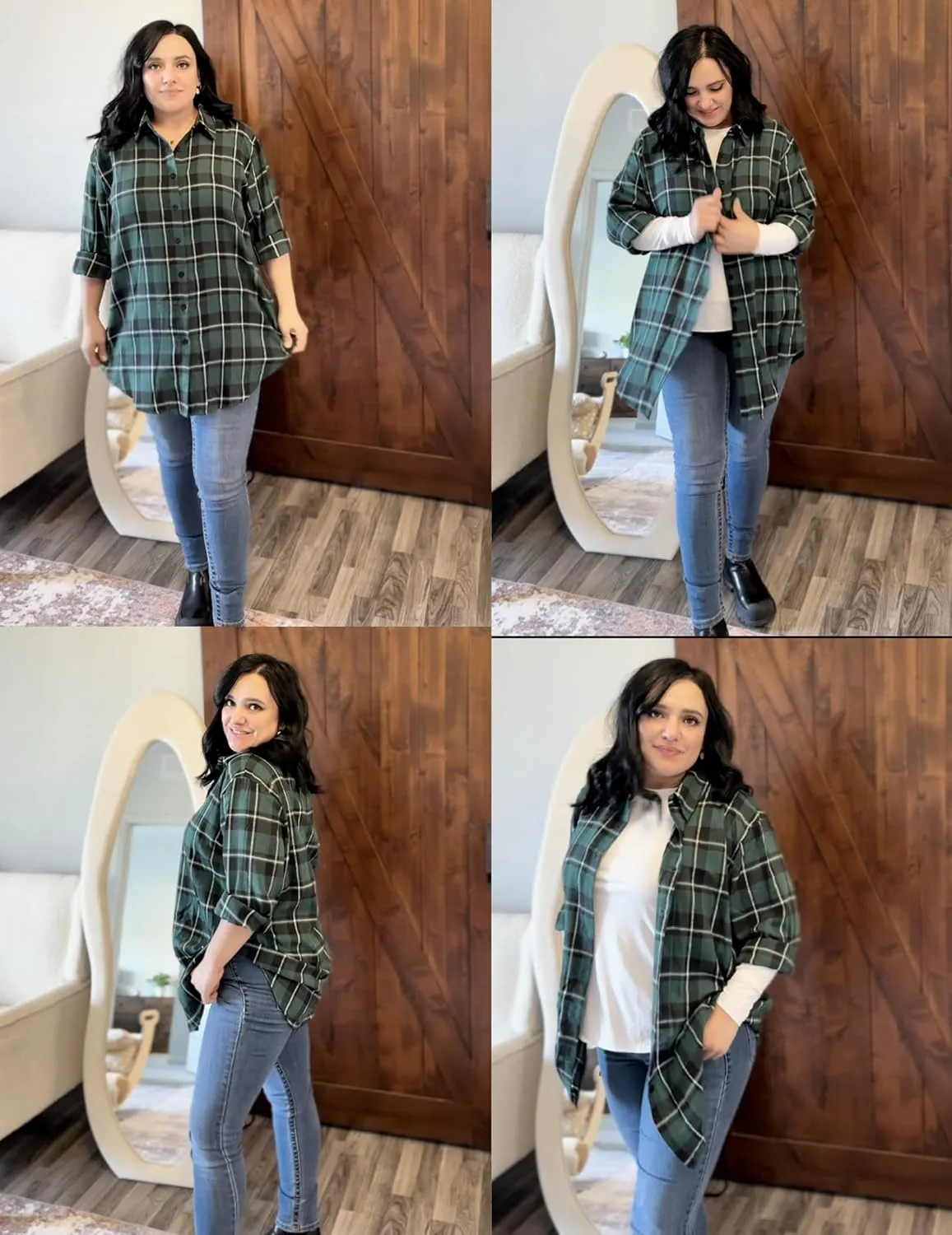 IN'VOLAND Womens Plus Size Flannel Plaid Shirt Roll Up Long Sleeve Mid-Long Button Down Shirts Casual Boyfriend Tops