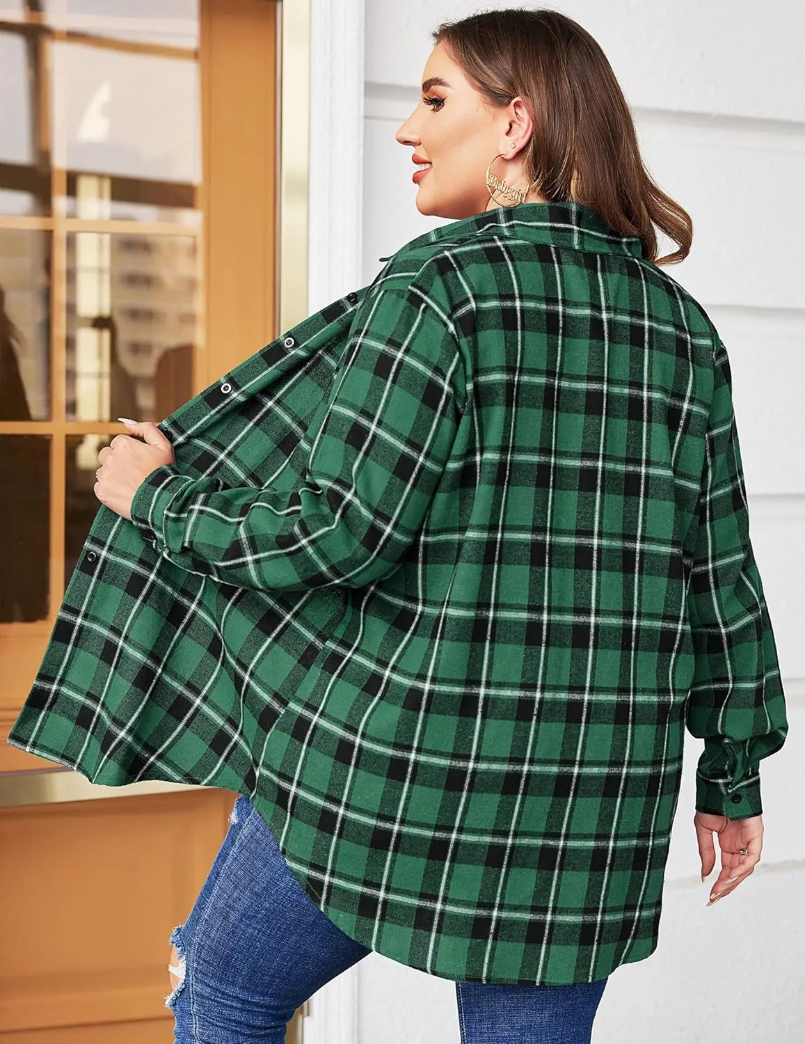 IN'VOLAND Womens Plus Size Flannel Plaid Shirt Roll Up Long Sleeve Mid-Long Button Down Shirts Casual Boyfriend Tops