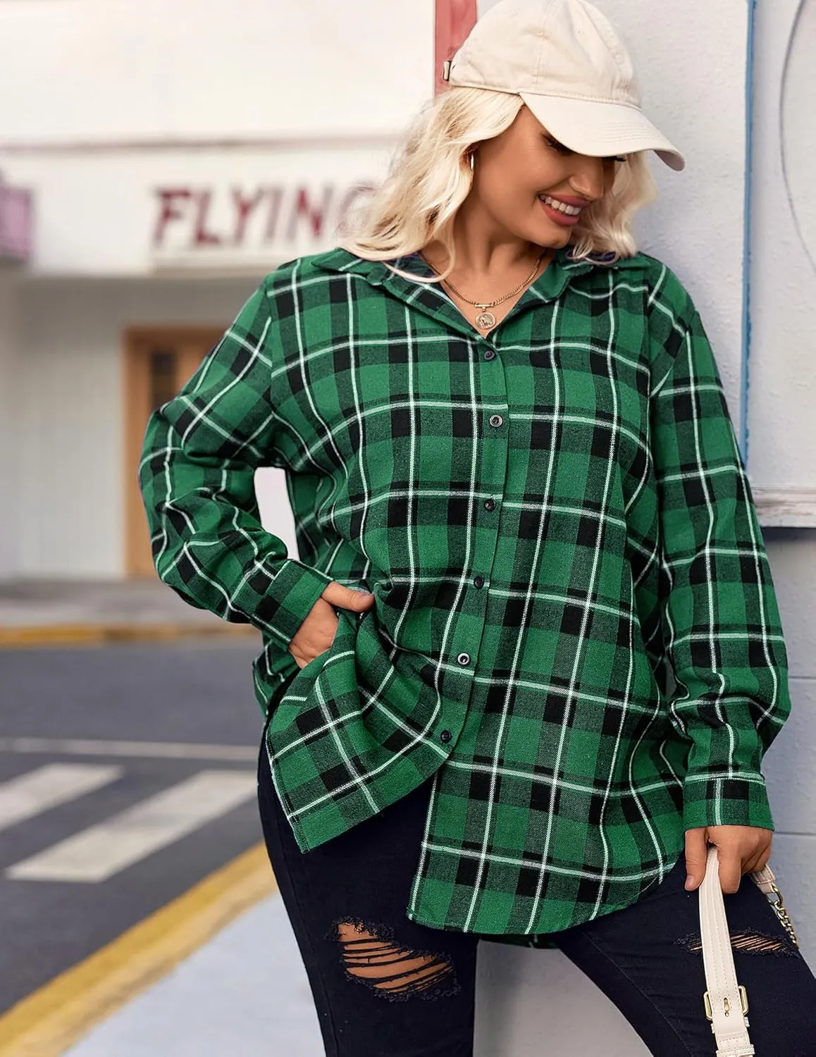 IN'VOLAND Womens Plus Size Flannel Plaid Shirt Roll Up Long Sleeve Mid-Long Button Down Shirts Casual Boyfriend Tops