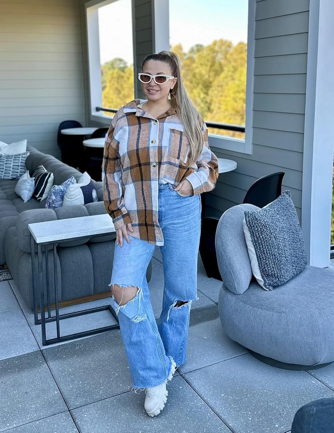 IN'VOLAND Women's Plus Size Plaid Shacket Long Sleeve Button Down Flannel Shirts Casual Jacket Coats