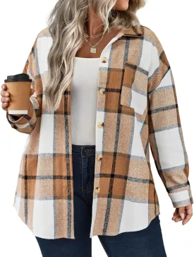 IN'VOLAND Women's Plus Size Plaid Shacket Long Sleeve Button Down Flannel Shirts Casual Jacket Coats